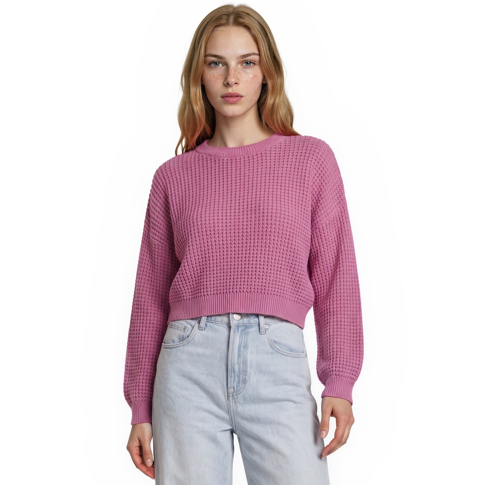 Hollister Pink Waffle Knit Sweater Women's Size Small Cropped Crew Neck Preppy